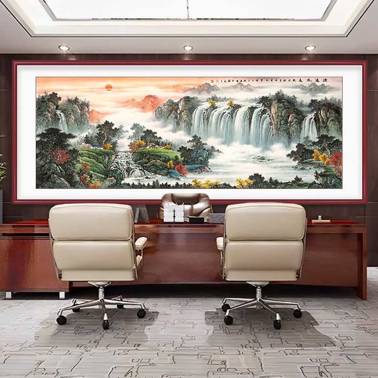 名家纯手绘国画山水源远流长手工装裱实木框画中式客厅挂画高级感