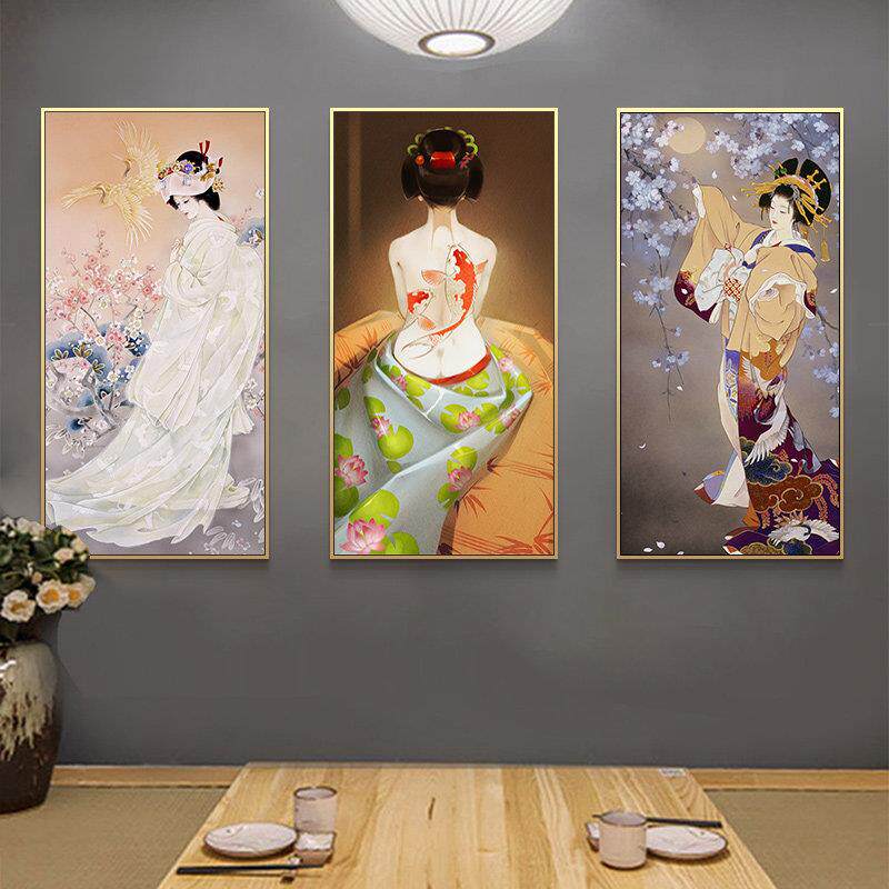 日式装饰画原木风软装挂画餐厅系料店玄关仕女图民宿背景墙面壁画