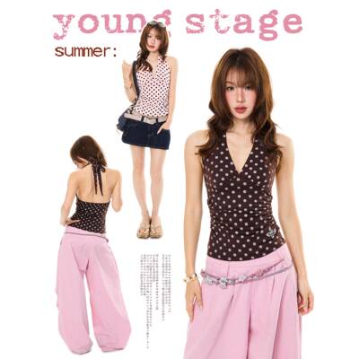 YOUNG STAGE美式复古波点挂颈吊带背心女夏季辣妹V领露肩修身上衣