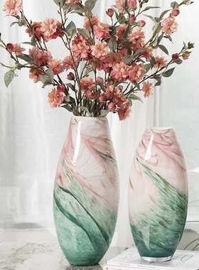 中式高级插花装饰品玄关玻璃客厅新花瓶粉色感奢摆件琉璃渐变轻