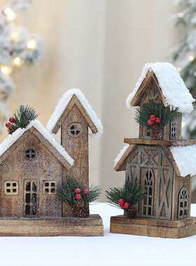 工厂原木碳化木质发光小木屋白雪屋顶圣诞雪屋房子节日装饰品
