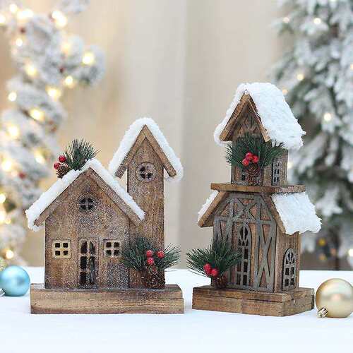 工厂原木碳化木质发光小木屋白雪屋顶圣诞雪屋房子节日装饰品