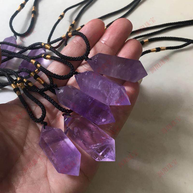 天然巴西紫水晶双尖六棱柱吊坠挂件紫晶项链送挂绳东海水晶