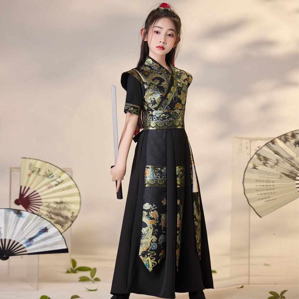 汉服女童夏装短袖薄款透气古装儿童花木兰武侠国风黑色织金夏季款图片