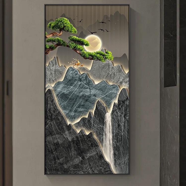 迎客松新中式玄关装饰画入户正对门挂画灯画轻奢高档走廊山水壁画