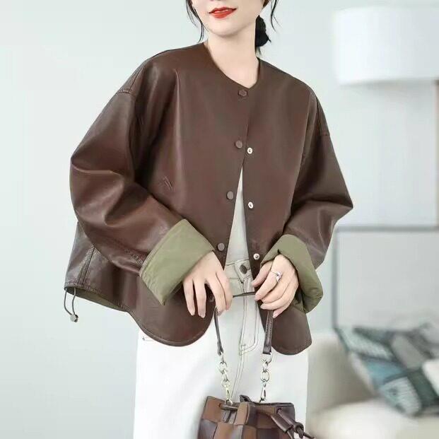 两面穿真皮短款皮衣外套女2025春秋新款高级感蝙蝠袖圆领夹克上衣