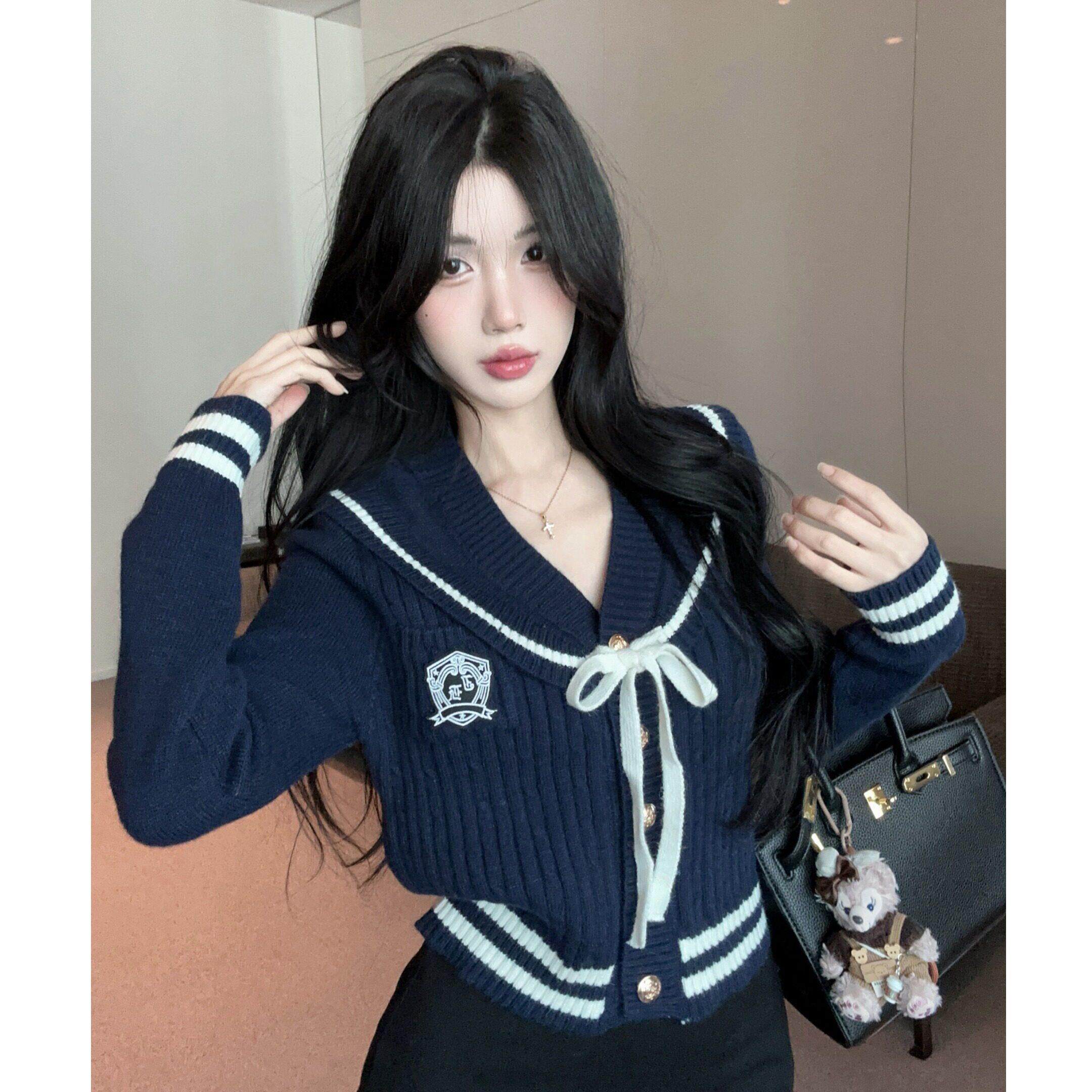学院风海军领针织开衫女秋冬巨好看绝美上衣打底衫内搭制服毛衣