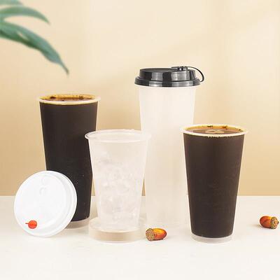 奶茶杯子90口径400/500/600/700ml加厚磨砂高脚注塑杯商用