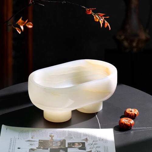 北欧轻奢高档大理石白玉摆件设计师样板房饰品餐厅果盘桌面收纳盘