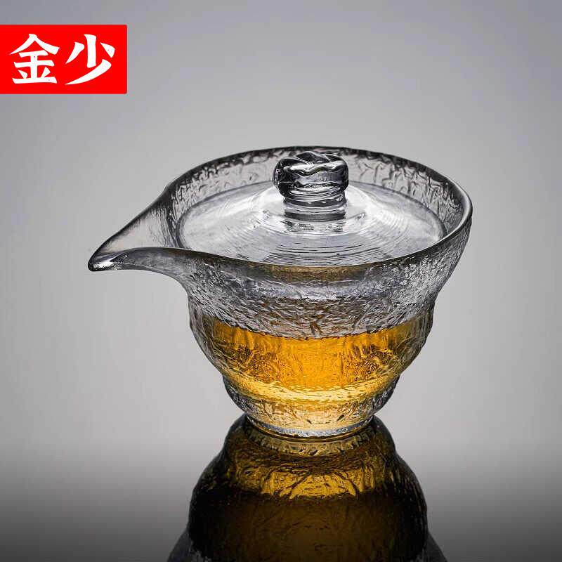 日式手工锤纹盖碗耐热玻璃加厚泡茶碗手抓碗茶具单个功夫茶碗带盖