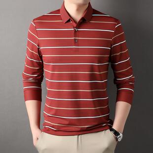 专柜桑蚕丝男士 上商务尚休闲烫体恤男 恤春免秋YTD衣时条纹男式