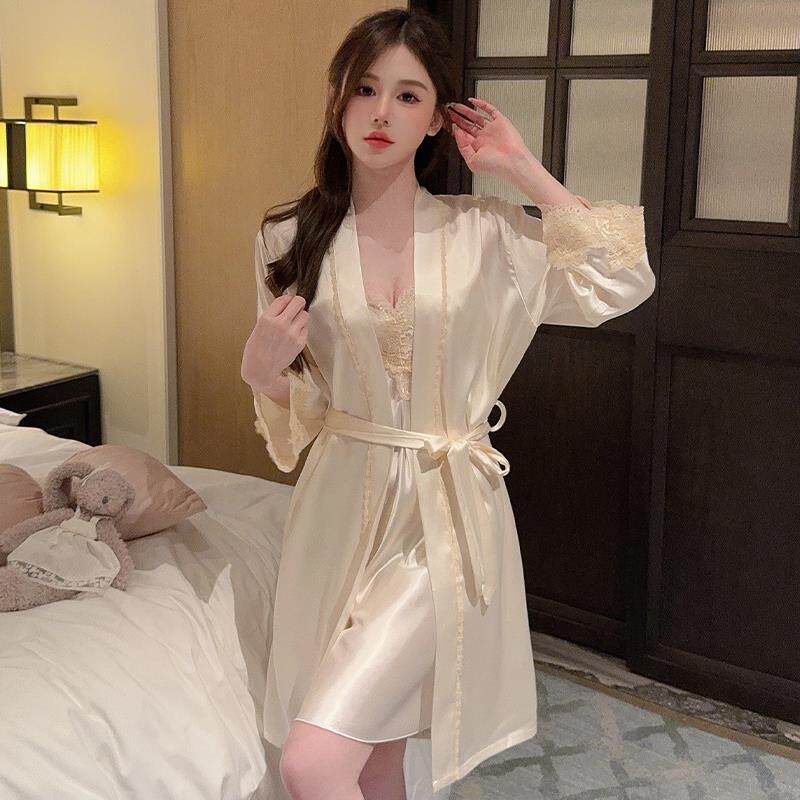 长袖轻熟御姐冰丝睡袍吊带睡衣女款春秋夏季性感睡裙女士两件套装