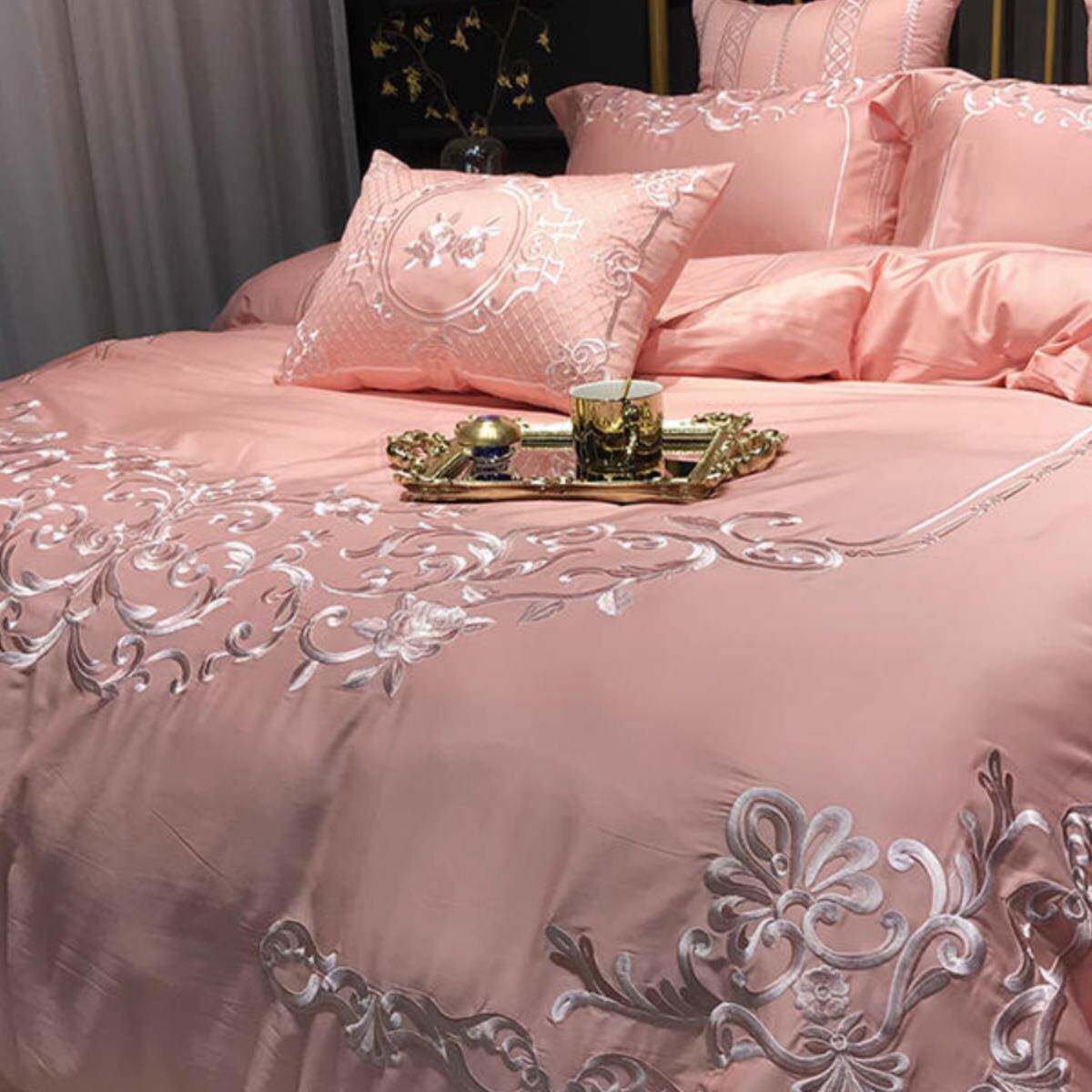 轻奢2025新款粉红色四件套100纯棉床单被套欧式结婚床上用品4
