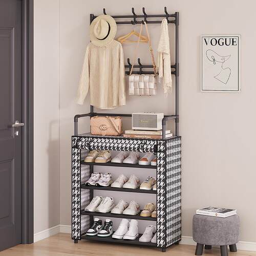 An all-in-one hat, coat, and shoe rack for doorways, featuri