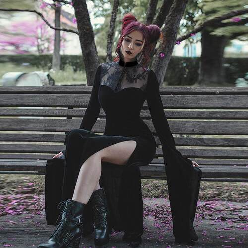 Lace patchwork long dress for women with slit and hollow