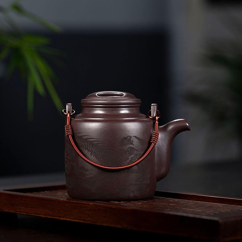 牛盖提梁紫砂壶原矿紫泥壶茶具大号洋桶壶厂家全手工刻绘茶壶家用