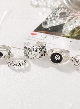 5pcs set rings men扑克牌戒指覆古黑桃纸牌关节戒指组套5件套