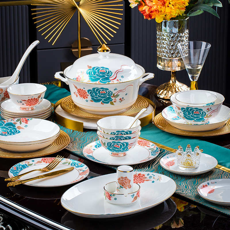 骨瓷家用碗盘送礼陶瓷乔迁景德镇组合高温餐具中式套装碗碟整套