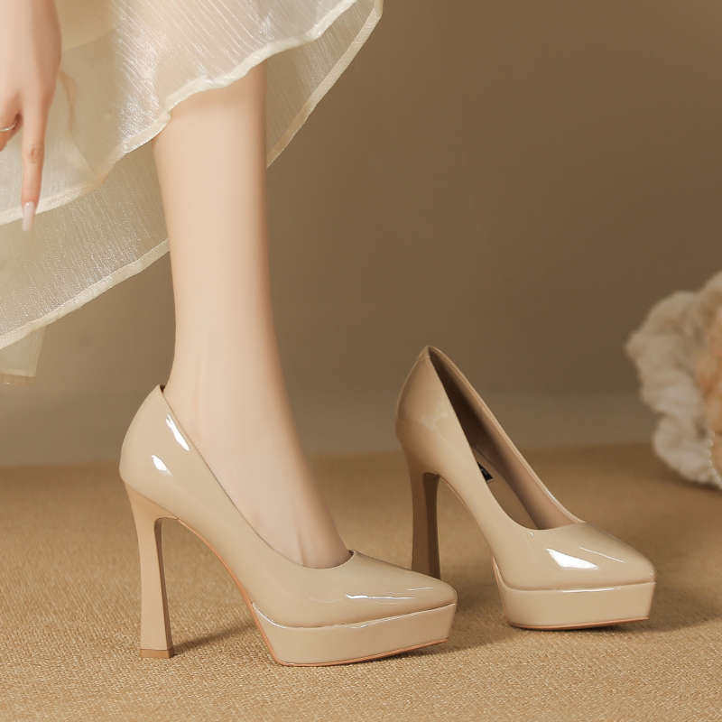 裸色防水台细跟尖头单鞋女2025新款漆皮职业模特走秀超高跟鞋12CM