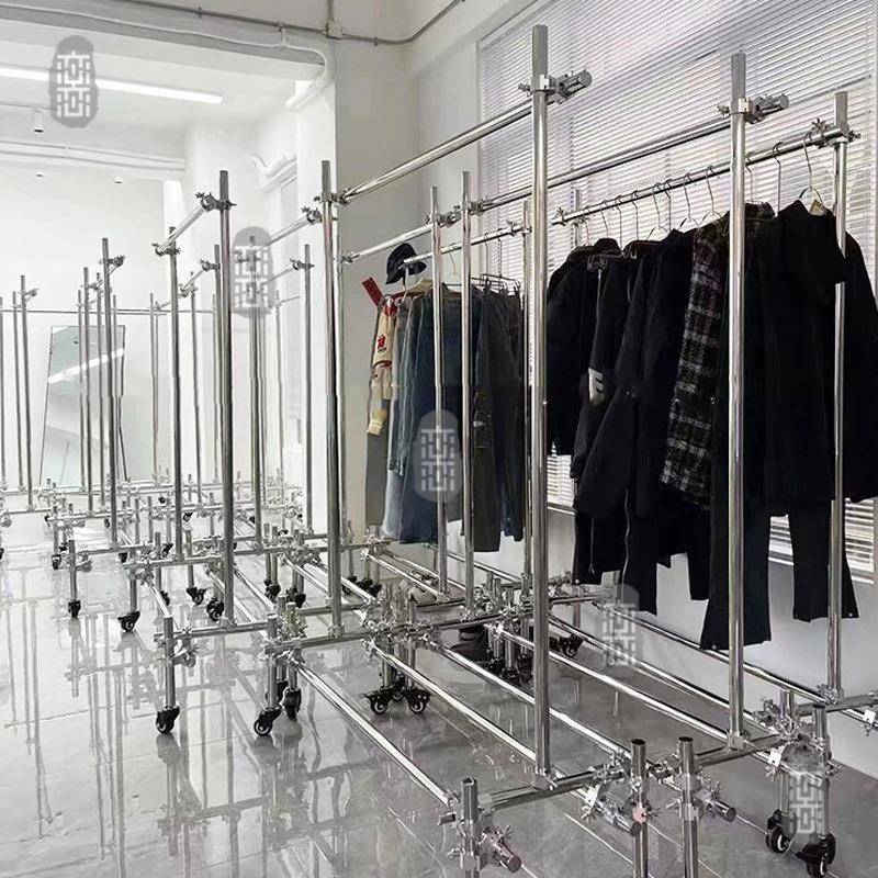 服装店展示架不锈钢轮子挂衣架工业风脚手架买手店陈列落地架女装