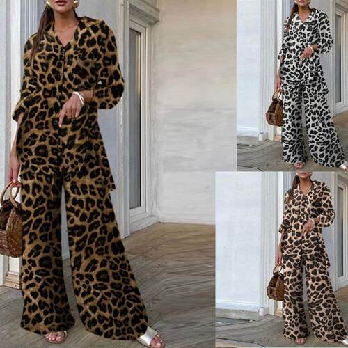 Set Women's Leopard Print Button Front Shirt & Elastic Waist