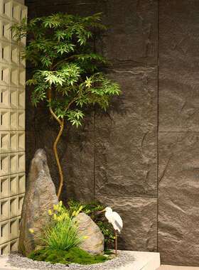 公司前台玄关拐角角落造景仿真绿植枫树景观假山石组合装饰摆件