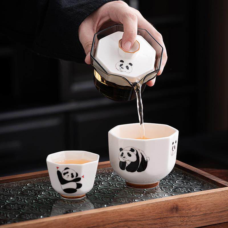 大熊猫旅行茶具套装玻璃盖碗单人户外便携式陶瓷快客杯子一壶一杯