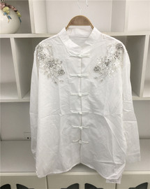 中国风新中式春季女士小立领双肩，钉珠镶钻蕾丝旗袍扣白色衬衫衬衣