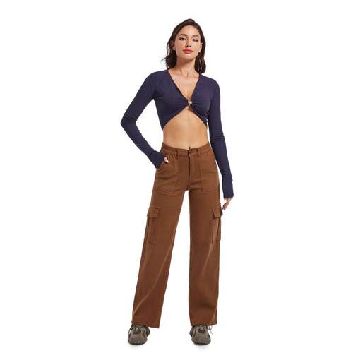 High waisted elastic straight tube multi pocket workwear