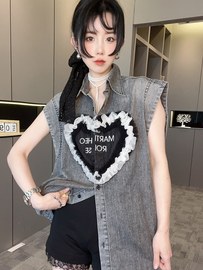 rrfashion牛仔马甲，女2024夏季中长款网纱拼接爱心宽松外套