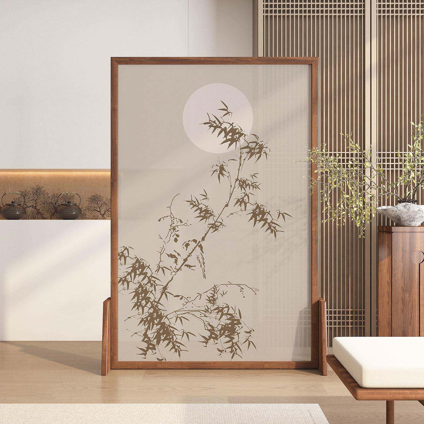 需定制新中式屏风隔断入户玄关正对门遮挡客厅茶室移动实木竹子月