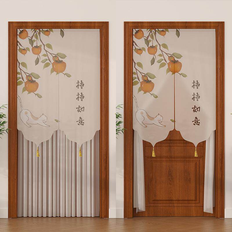 新中式荷花门帘夏季室内门帘遮挡帘遮丑帘半透双层帘子穿杆魔术贴