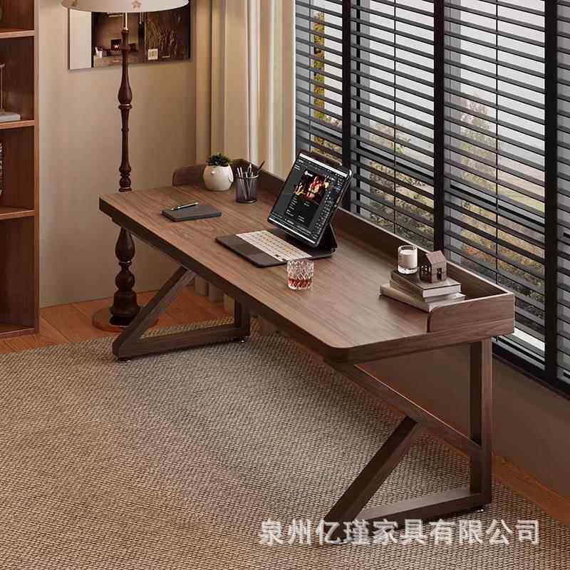 全实木双人书桌加挡板台式电脑桌长条电竟床边桌子家用简约学习桌