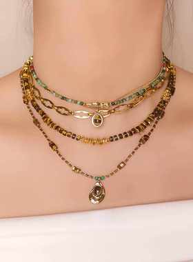 法式复古虎眼石串珠美拉德风项链几何不锈钢吊坠锁骨链叠戴套链