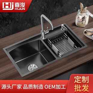 现货厨房手工双盆7843T边一体成型304不锈钢水槽双槽