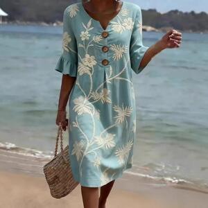 V-neck printed mid sleeve dressV领印花中袖连衣裙