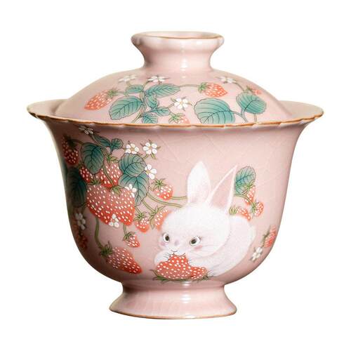 仿宋粉汝窑草莓兔二才盖碗家用陶瓷功夫茶具大容量喝茶碗开片可养