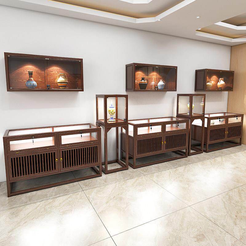 实木珠宝玻璃柜子茶叶展示柜饰品首饰柜台展柜老榆木新中式展示柜