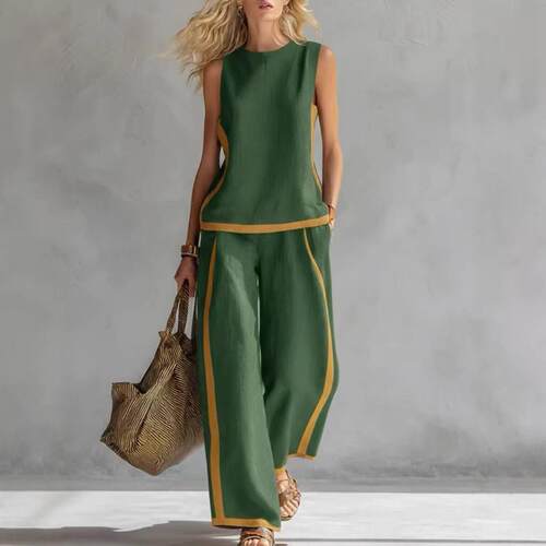 2026 Linen Blend Two Piece Set For Women Sleeveless Color