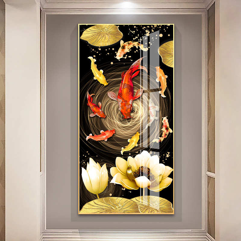 年年有鱼晶瓷玄关装饰画中式金色游鱼入户走廊背景墙壁画过道挂画图片
