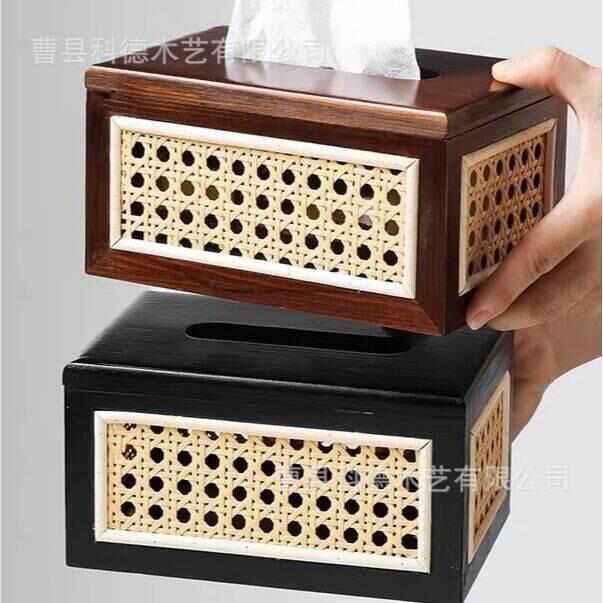 日式实木仿藤编纸巾盒高颜值藤编抽纸盒家居卧室客厅茶几纸抽盒