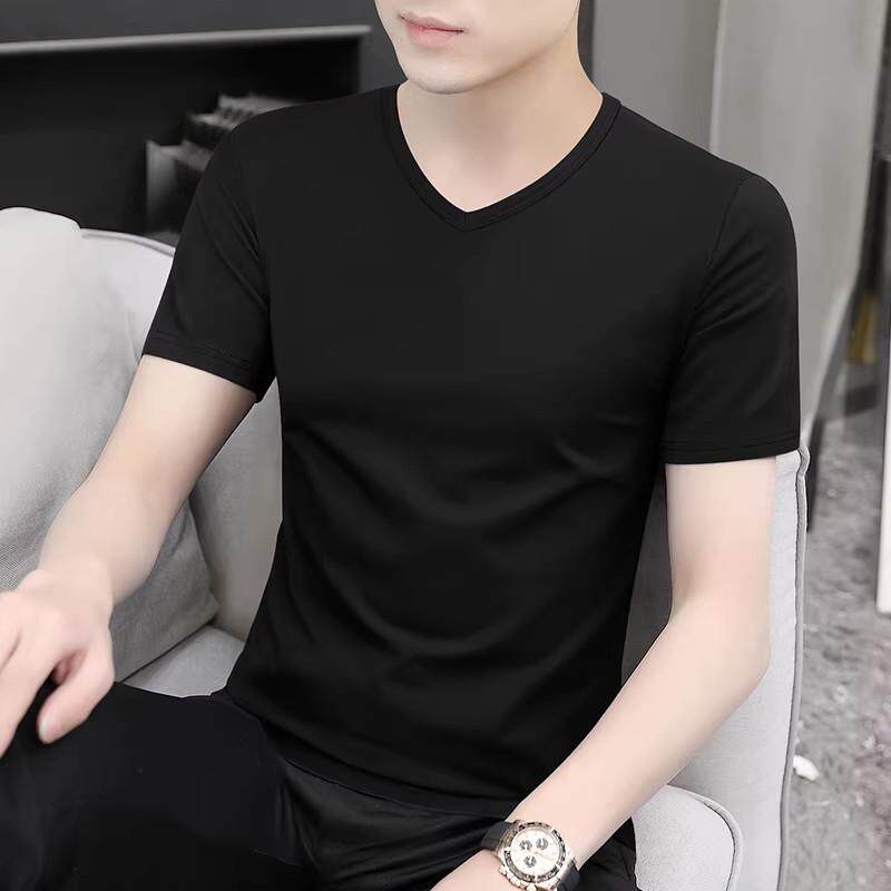 原棉部落 V领短袖t恤男士夏季莫代尔棉打底衫男黑色休闲百搭上衣