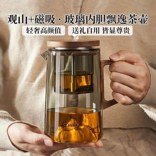 捷安玺磁吸磁吸木柄观山飘逸杯泡茶壶2025新款全玻璃高档办公茶具