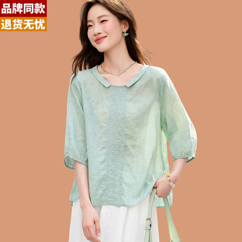 新中式苎麻短袖t恤女2026夏季新款宽松七分袖刺绣设计感衬衫上衣