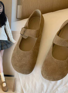2002-5圆头磨砂一字带懒人小众百搭博肯女鞋加肥加宽大码平底凉鞋