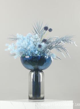 现代轻奢蓝色仿真花艺玻璃花器样板间别墅客厅北欧家居装饰品摆件