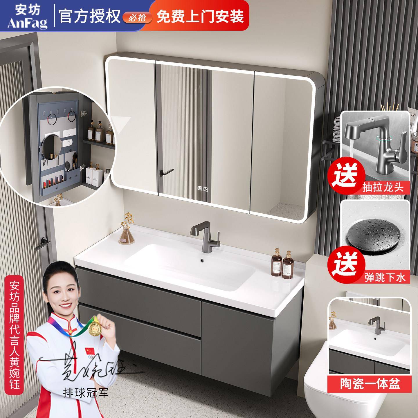 陶瓷一体盆浴室柜组合双抽一门洗手盆洗脸盆深灰色卫浴洗漱台实木