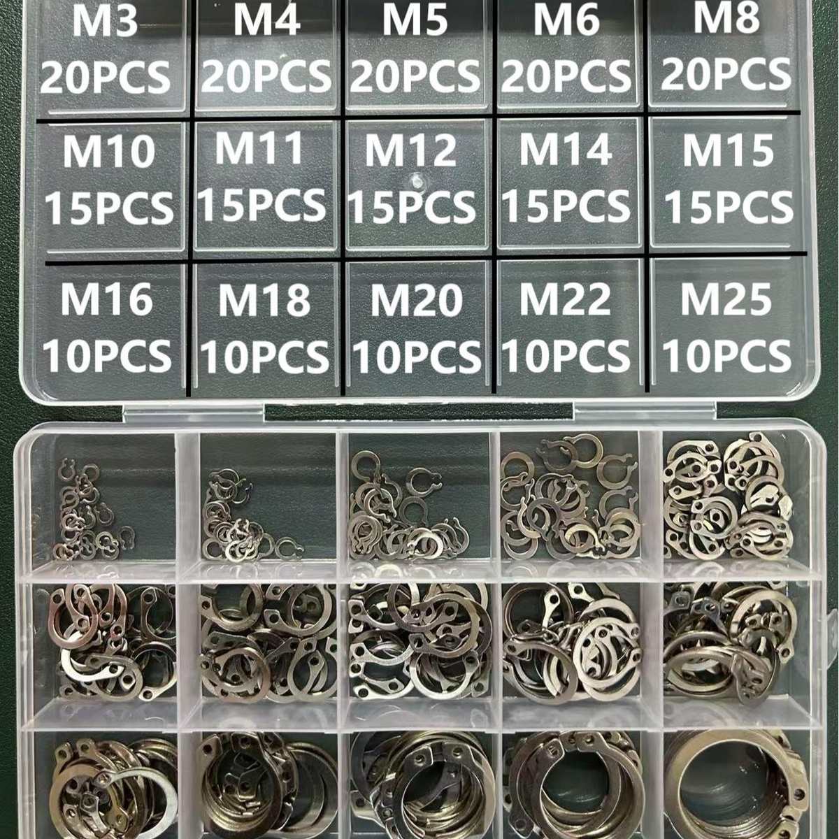跨镜货源一件起批304不锈钢轴卡225PCS盒装外卡轴用挡圈 M3-M25