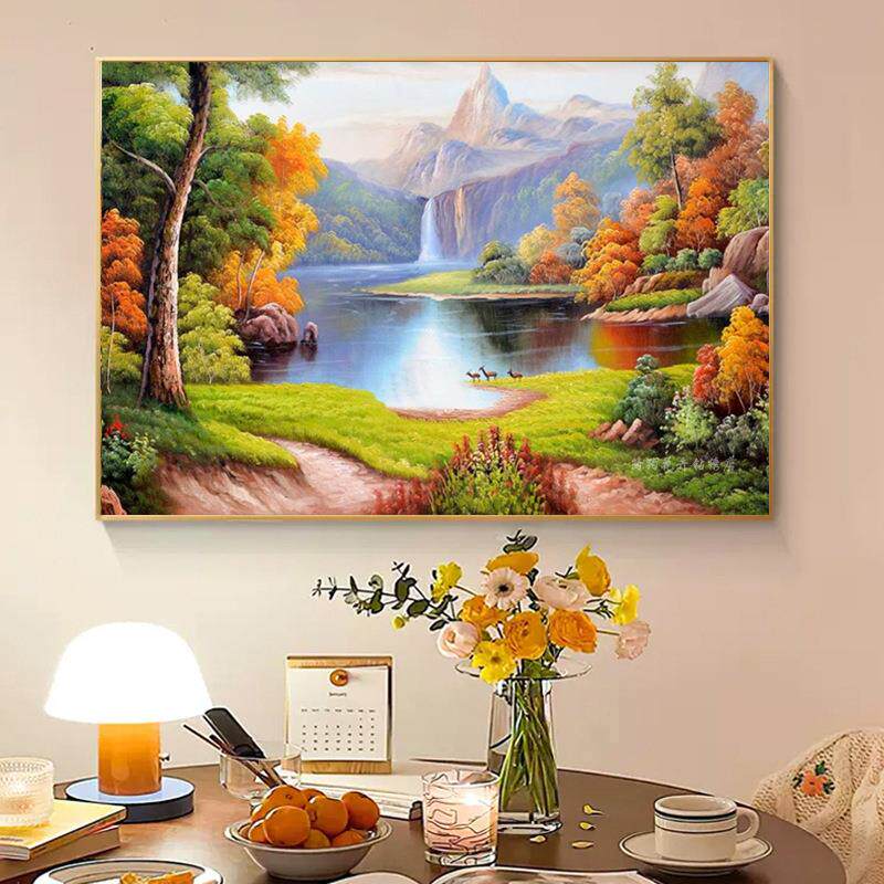 聚宝盆钻石画客厅大气2024新中式风景画小幅粘贴钻十字绣流水生财