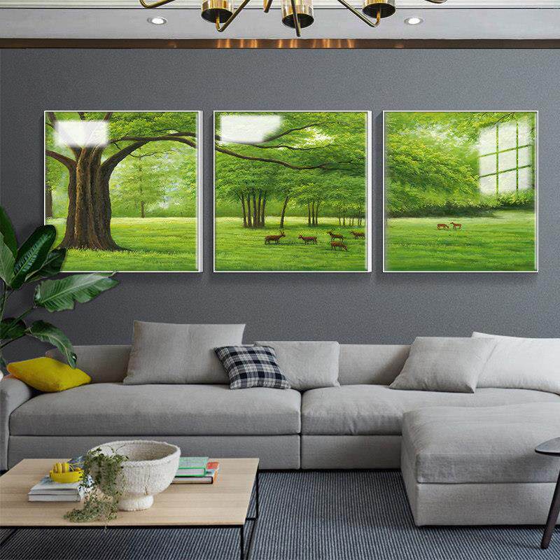轻奢客厅装饰画常青树沙发背景墙挂画北欧三联饭厅画风景绿树壁画